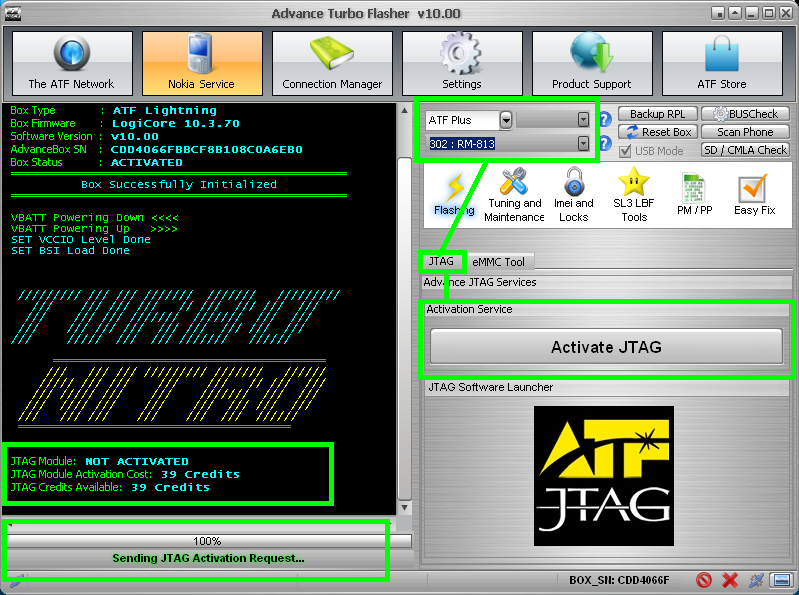Seleccione  la sub-sección JTAG y comience el proceso de activación presionando el botón   Activate JTAG